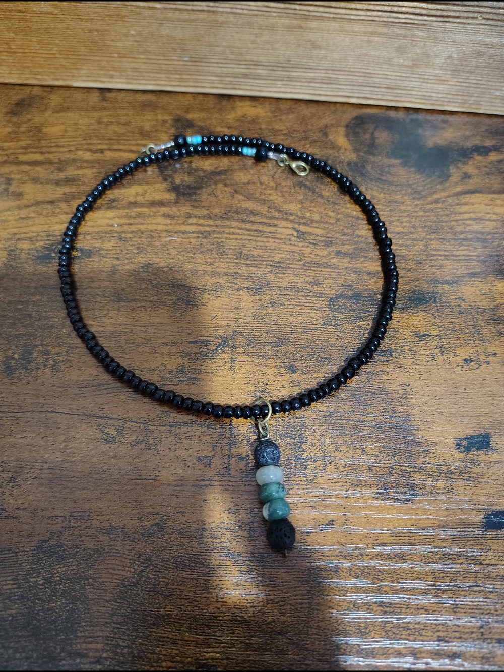 Black Beaded Men’s Necklace with Green Stone Accents, Handmade - Picture 5 of 6